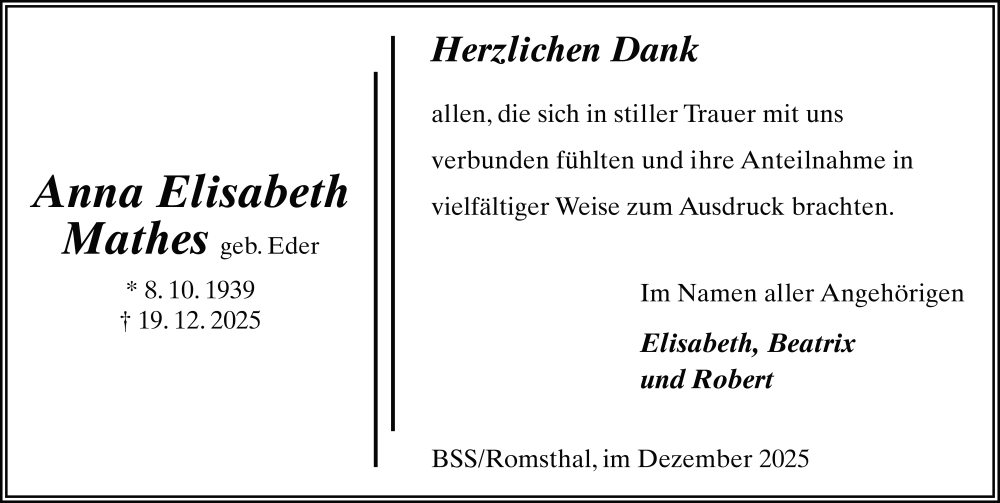  Traueranzeige für Anna Elisabeth Mathes vom 24.01.2026 aus FZ