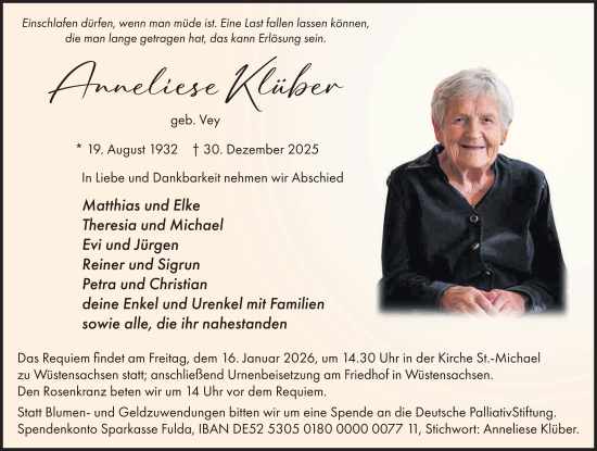 Traueranzeige von Anneliese Klüber von FZ