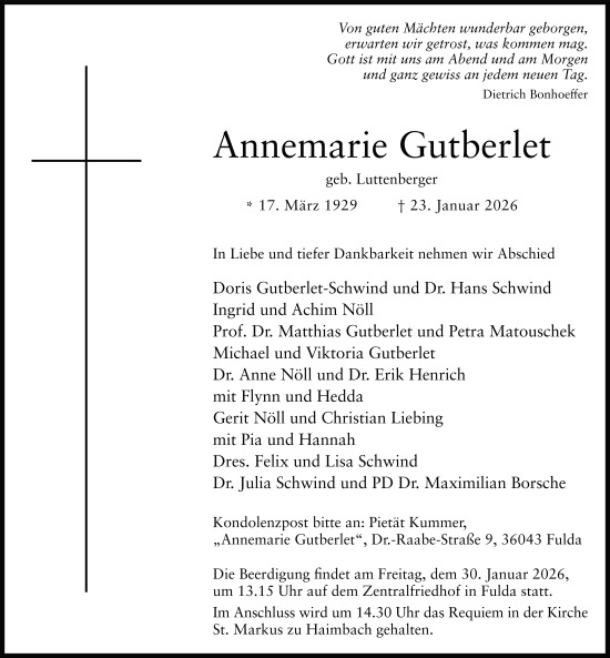Traueranzeige von Annemarie Gutberlet von FZ