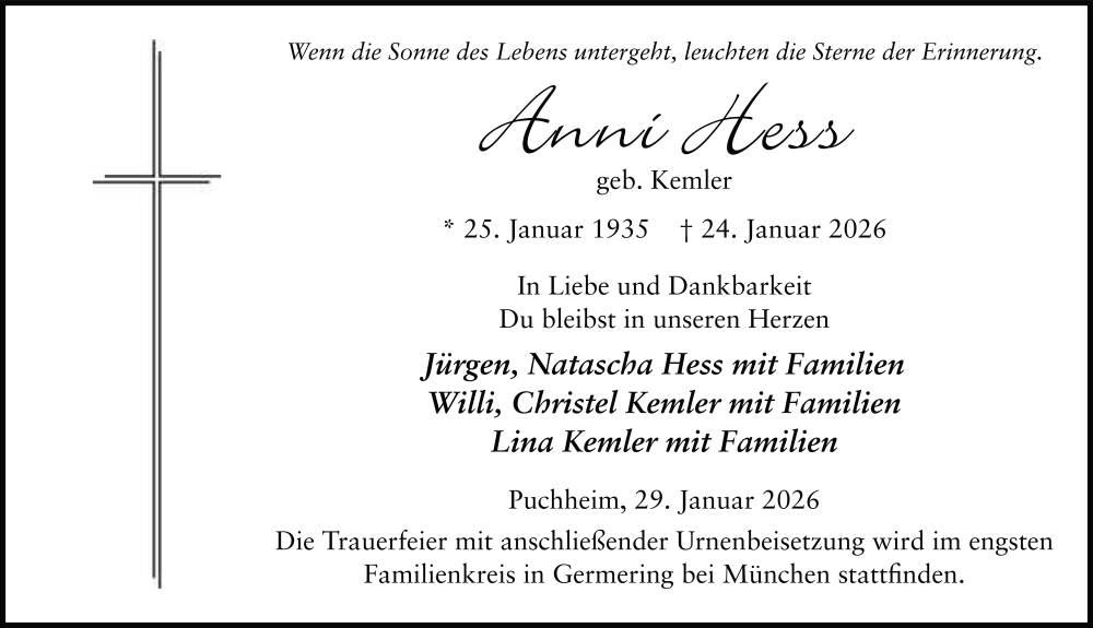  Traueranzeige für Anni Hess vom 29.01.2026 aus FZ