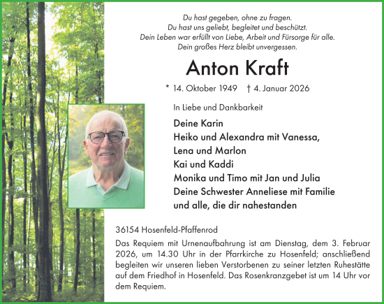 Traueranzeige von Anton Kraft von FZ