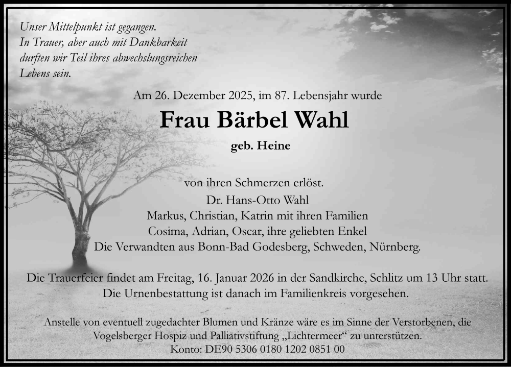  Traueranzeige für Bärbel Wahl vom 10.01.2026 aus FZ
