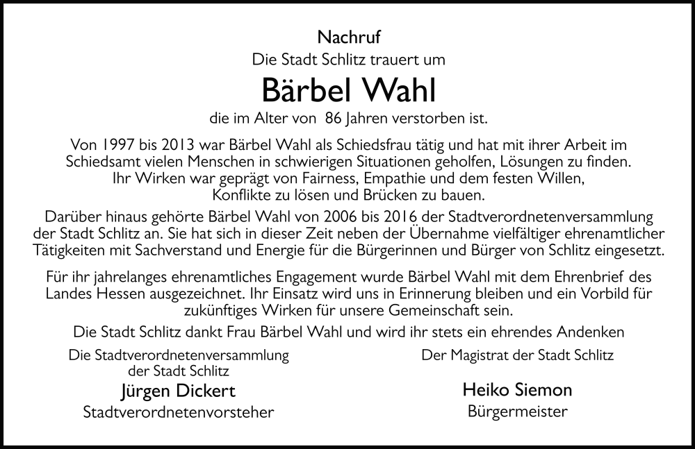  Traueranzeige für Bärbel Wahl vom 10.01.2026 aus FZ