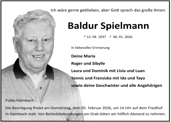 Traueranzeige von Baldur Spielmann von FZ