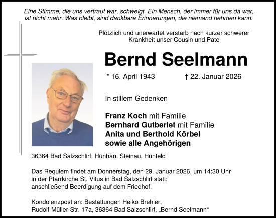Traueranzeige von Bernd Seelmann von FZ