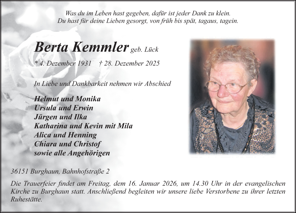  Traueranzeige für Berta Kemmler vom 10.01.2026 aus FZ