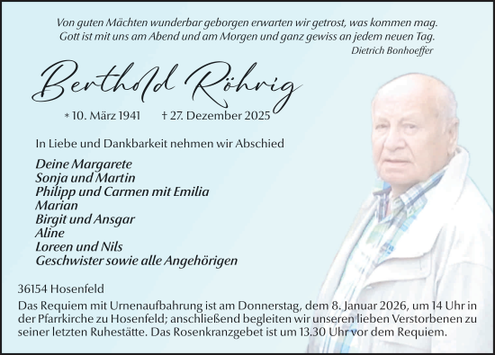 Traueranzeige von Berthold Röhrig von FZ