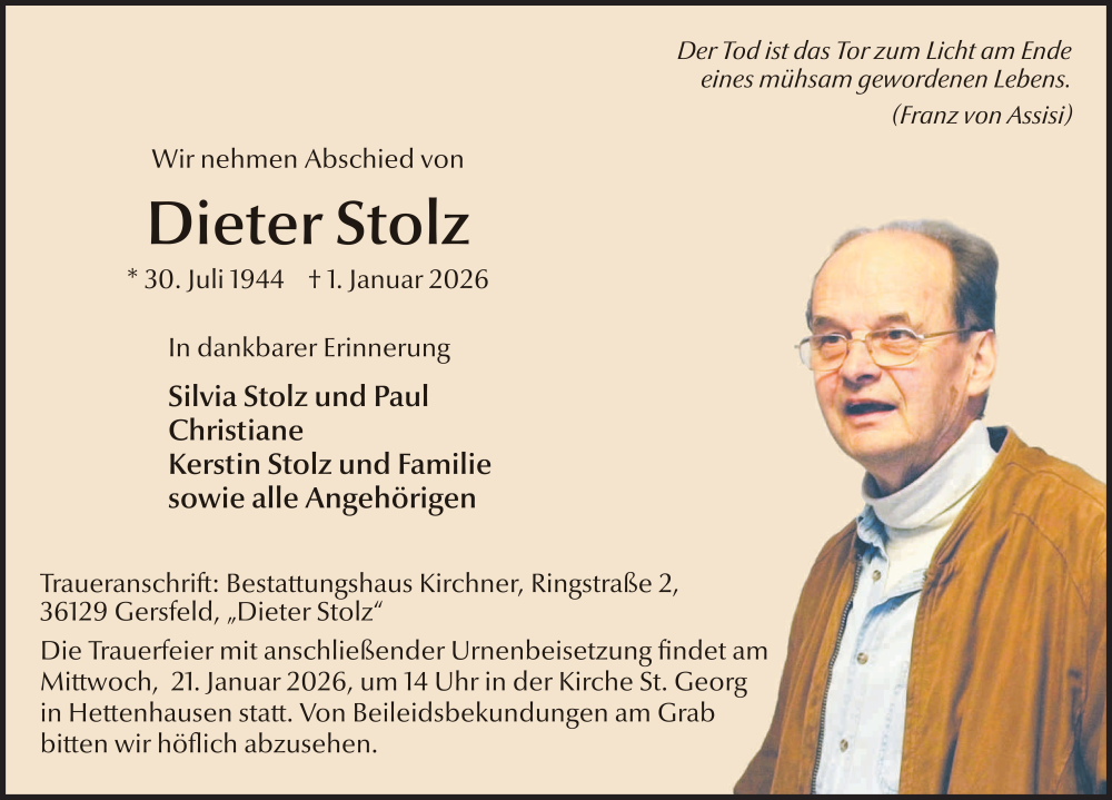  Traueranzeige für Dieter Stolz vom 17.01.2026 aus FZ