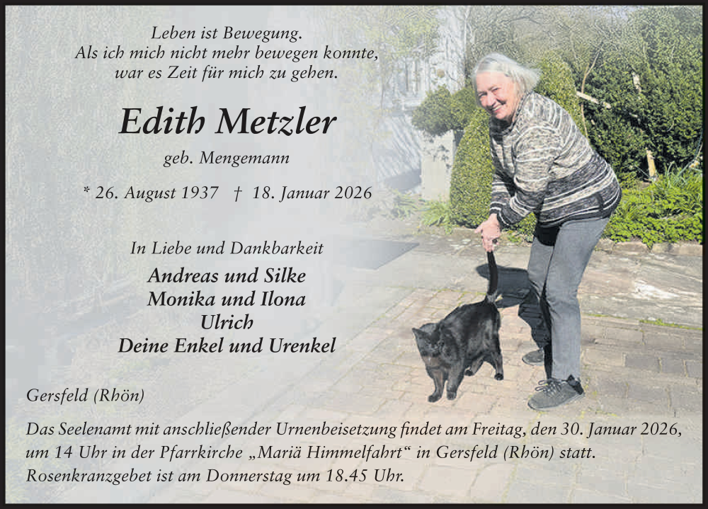  Traueranzeige für Edith Metzler vom 24.01.2026 aus FZ