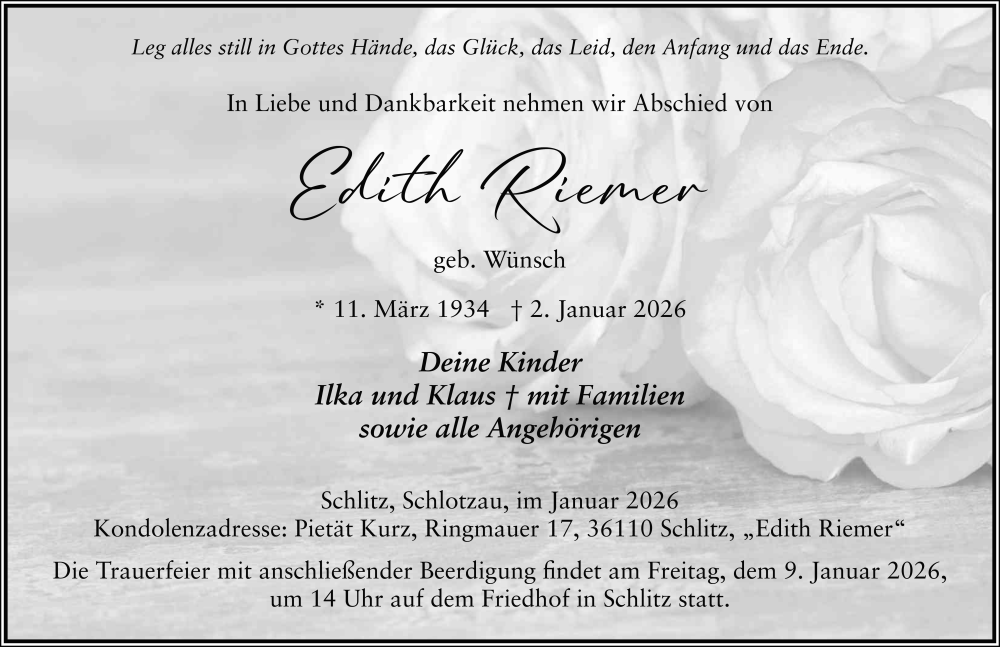  Traueranzeige für Edith Riemer vom 07.01.2026 aus FZ