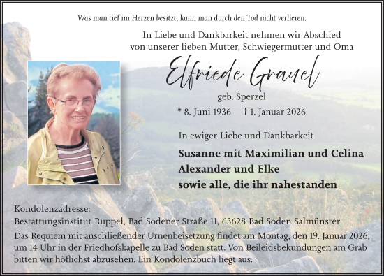 Traueranzeige von Elfriede Grauel von FZ