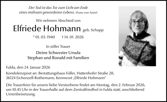 Traueranzeige von Elfriede Hohmann von FZ