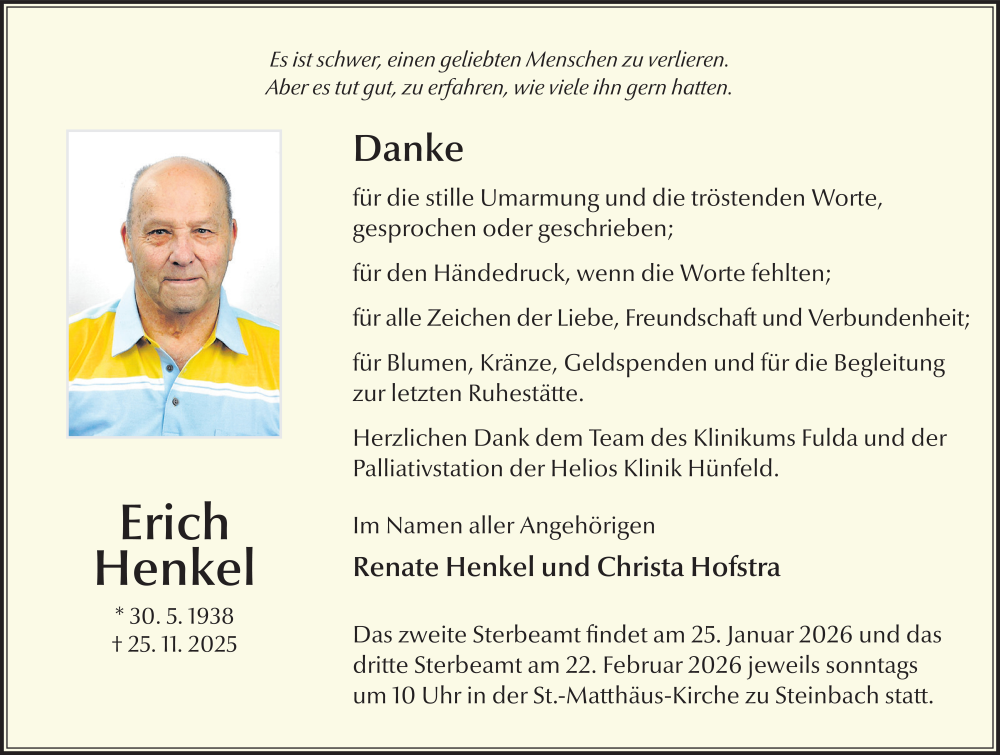  Traueranzeige für Erich Henkel vom 17.01.2026 aus FZ
