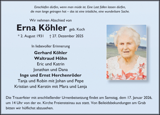 Traueranzeige von Erna Köhler von FZ