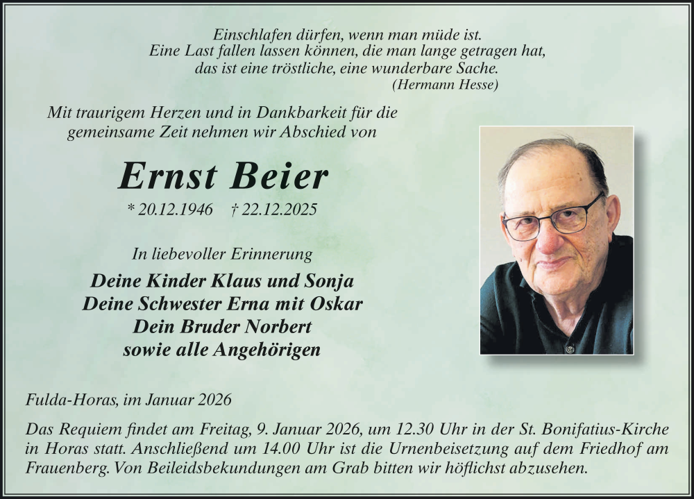  Traueranzeige für Ernst Beier vom 03.01.2026 aus FZ