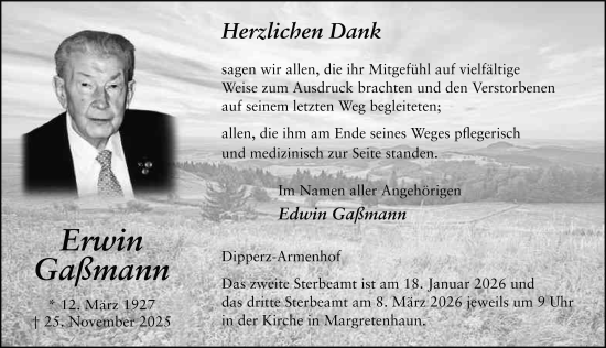 Traueranzeige von Erwin Gaßmann von FZ
