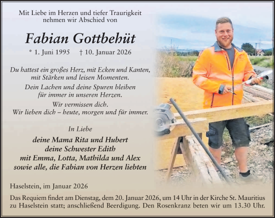 Traueranzeige von Fabian Gottbehüt von FZ
