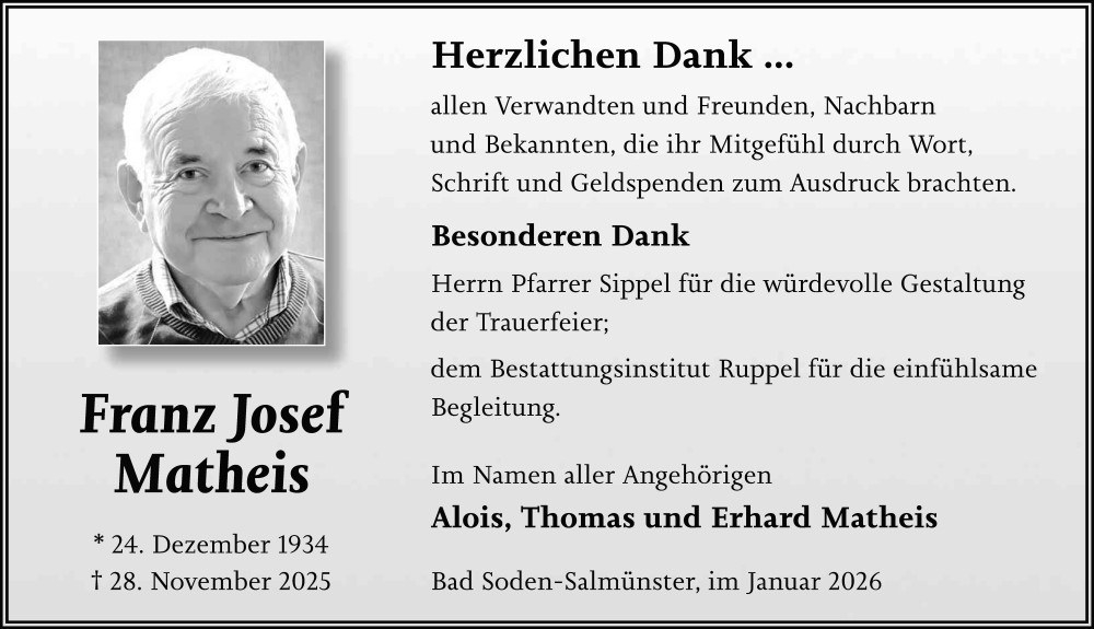  Traueranzeige für Franz Josef Matheis vom 24.01.2026 aus FZ