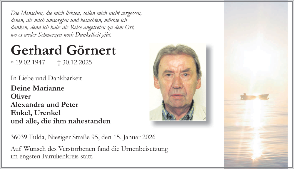  Traueranzeige für Gerhard Görnert vom 15.01.2026 aus FZ