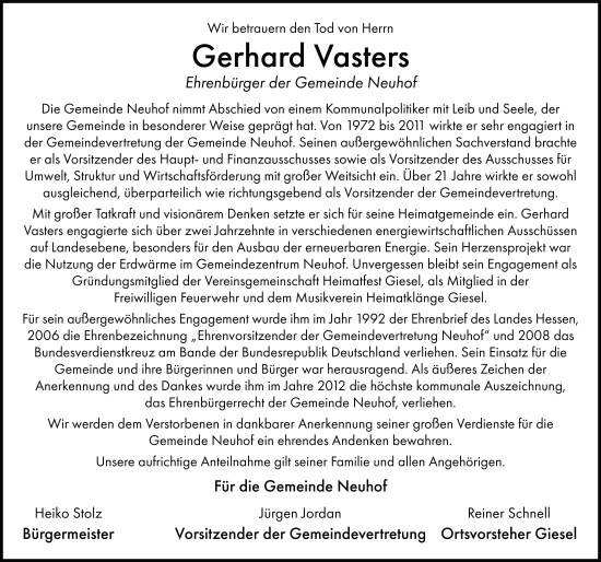 Traueranzeige von Gerhard Vasters von FZ
