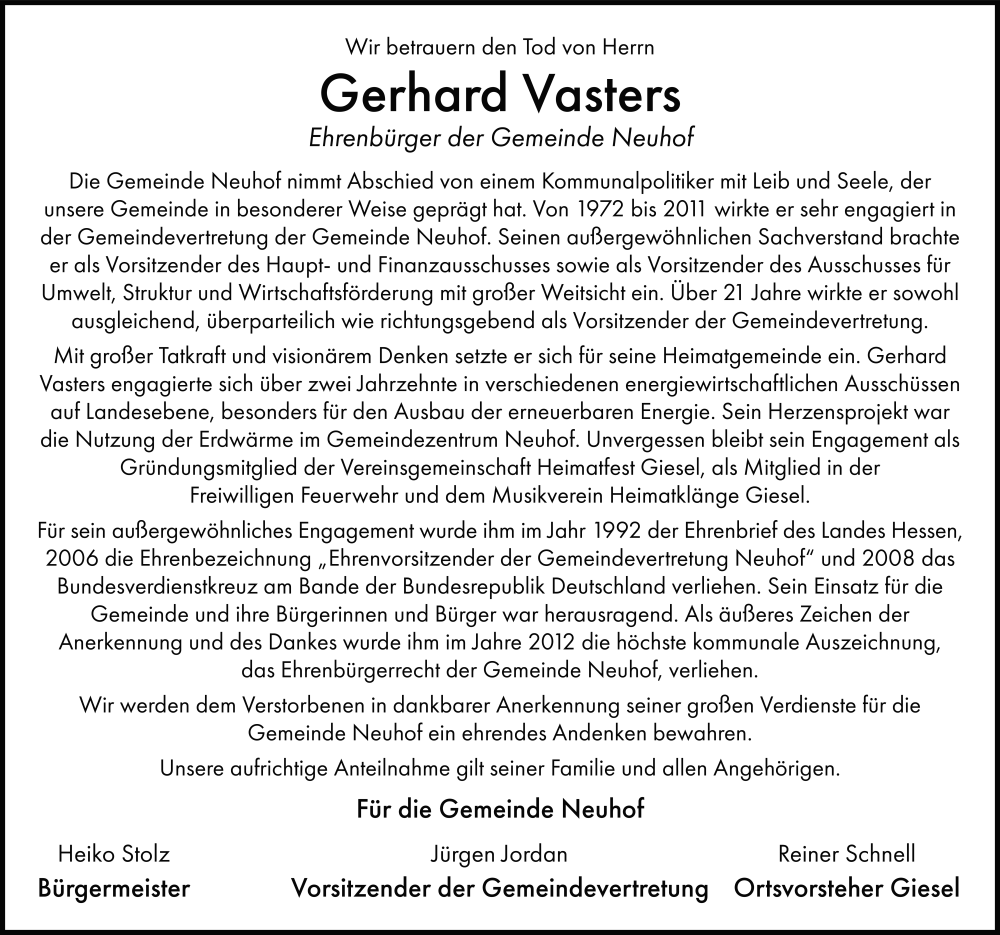  Traueranzeige für Gerhard Vasters vom 03.01.2026 aus FZ