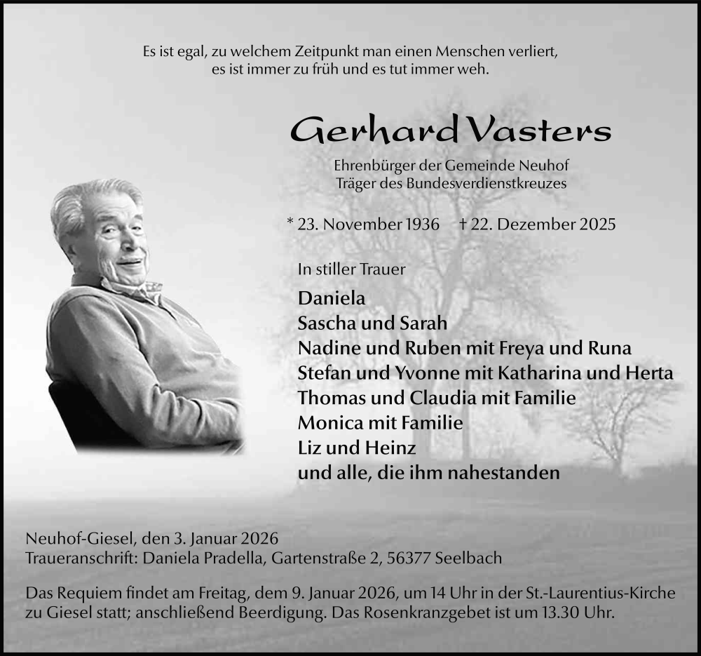  Traueranzeige für Gerhard Vasters vom 03.01.2026 aus FZ