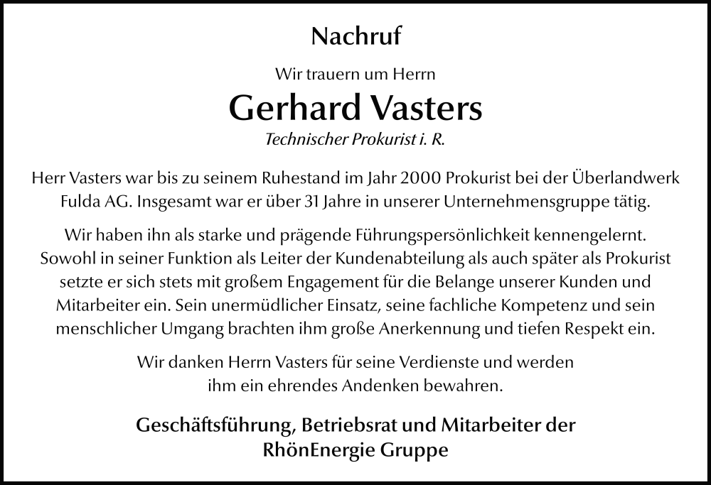  Traueranzeige für Gerhard Vasters vom 08.01.2026 aus FZ