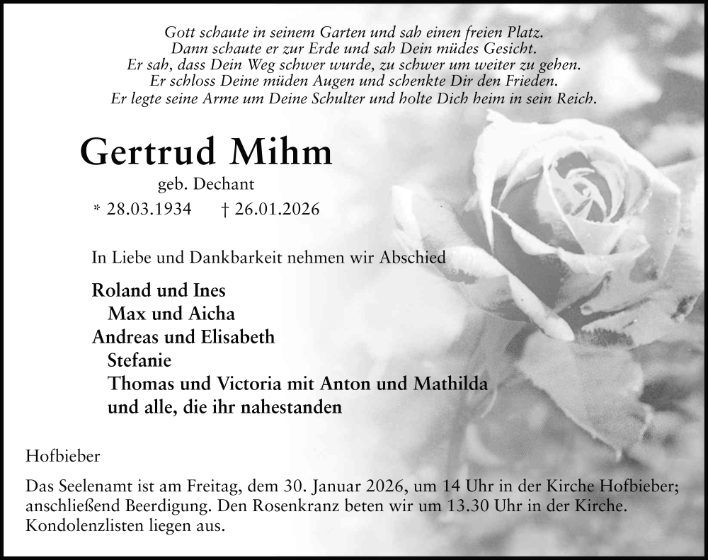 Traueranzeige für Gertrud Mihm vom 29.01.2026 aus FZ