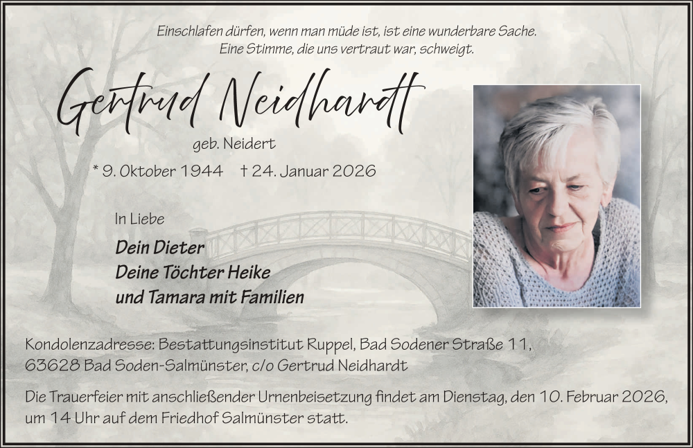  Traueranzeige für Gertrud Neidhardt vom 31.01.2026 aus FZ