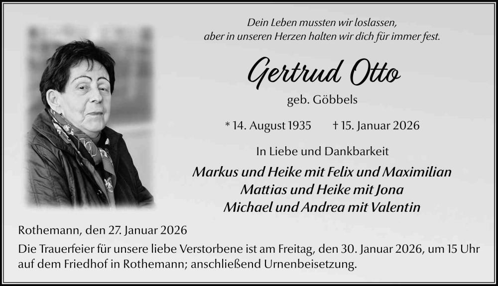  Traueranzeige für Gertrud Otto vom 27.01.2026 aus FZ