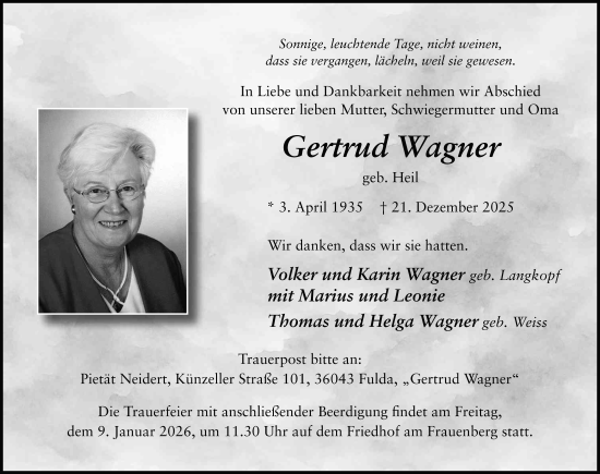 Traueranzeige von Gertrud Wagner von FZ