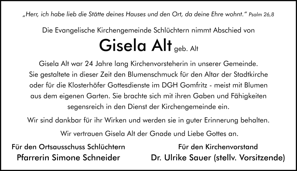  Traueranzeige für Gisela Alt vom 24.01.2026 aus FZ