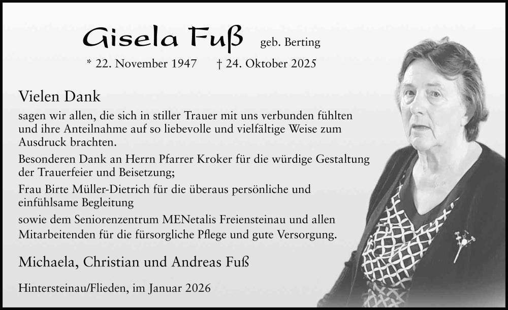  Traueranzeige für Gisela Fuß vom 10.01.2026 aus FZ