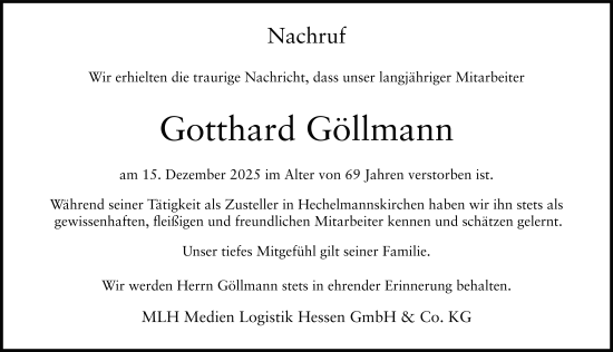Traueranzeige von Gotthard Göllmann von FZ