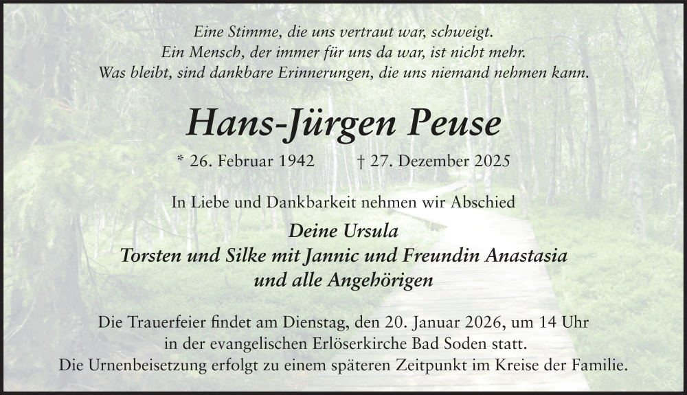  Traueranzeige für Hans-Jürgen Peuse vom 10.01.2026 aus FZ