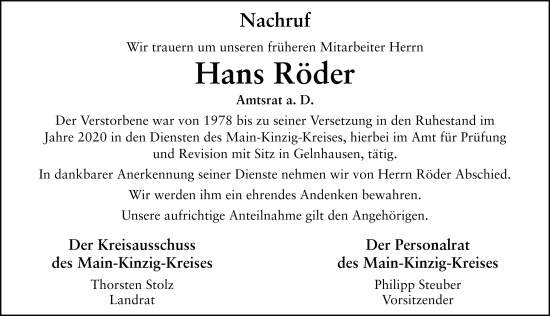 Traueranzeige von Hans Röder von FZ