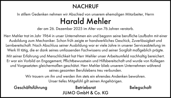 Traueranzeige von Harald Mehler von FZ
