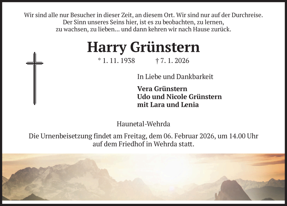  Traueranzeige für Harry Grünstern vom 31.01.2026 aus FZ