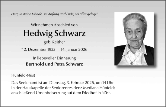 Traueranzeige von Hedwig Schwarz von FZ