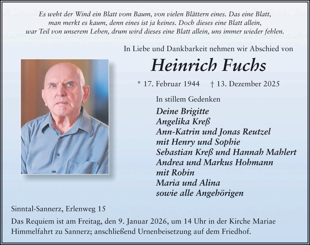  Traueranzeige für Heinrich Fuchs vom 03.01.2026 aus FZ