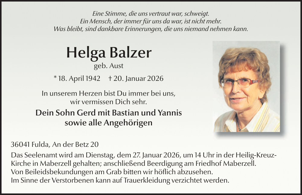  Traueranzeige für Helga Balzer vom 24.01.2026 aus FZ