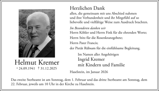 Traueranzeige von Helmut Kremer von FZ