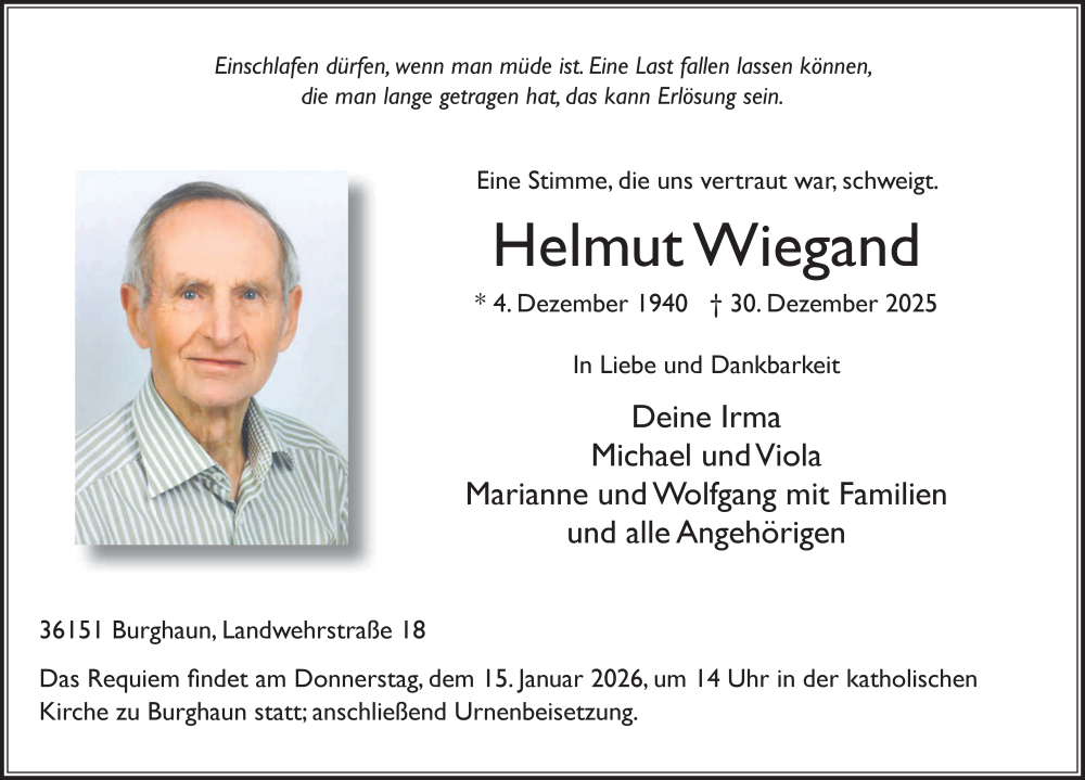  Traueranzeige für Helmut Wiegand vom 10.01.2026 aus FZ