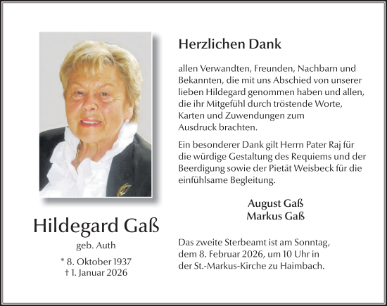 Traueranzeige von Hildegard Gaß von FZ
