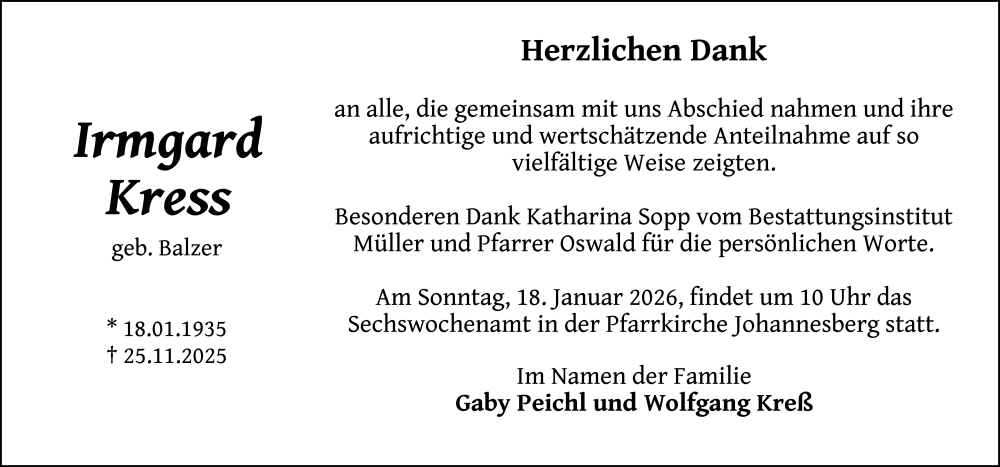  Traueranzeige für Irmgard Kress vom 16.01.2026 aus FZ
