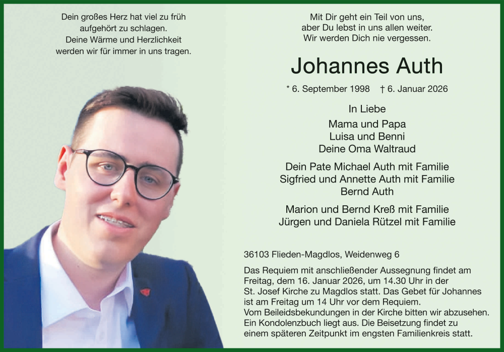  Traueranzeige für Johannes Auth vom 12.01.2026 aus FZ