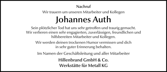 Traueranzeige von Johannes Auth von FZ
