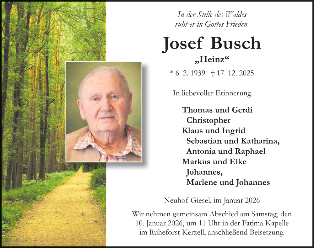  Traueranzeige für Josef Busch vom 06.01.2026 aus FZ