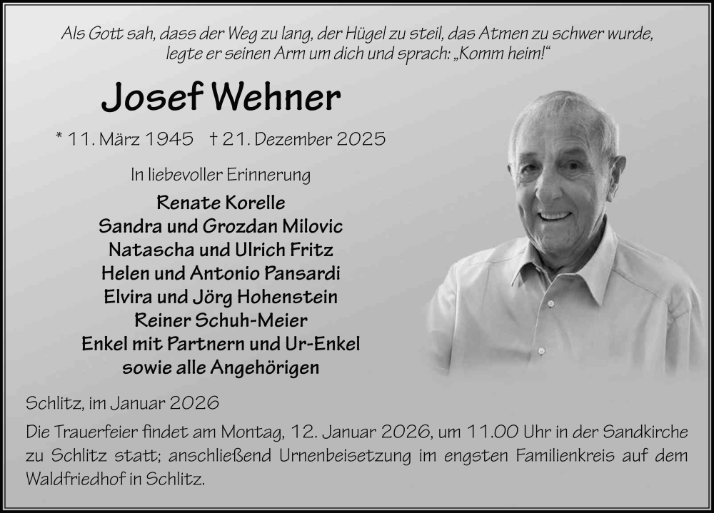  Traueranzeige für Josef Wehner vom 09.01.2026 aus FZ