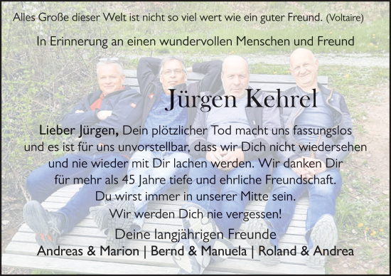 Traueranzeige von Jürgen Kehrel von FZ